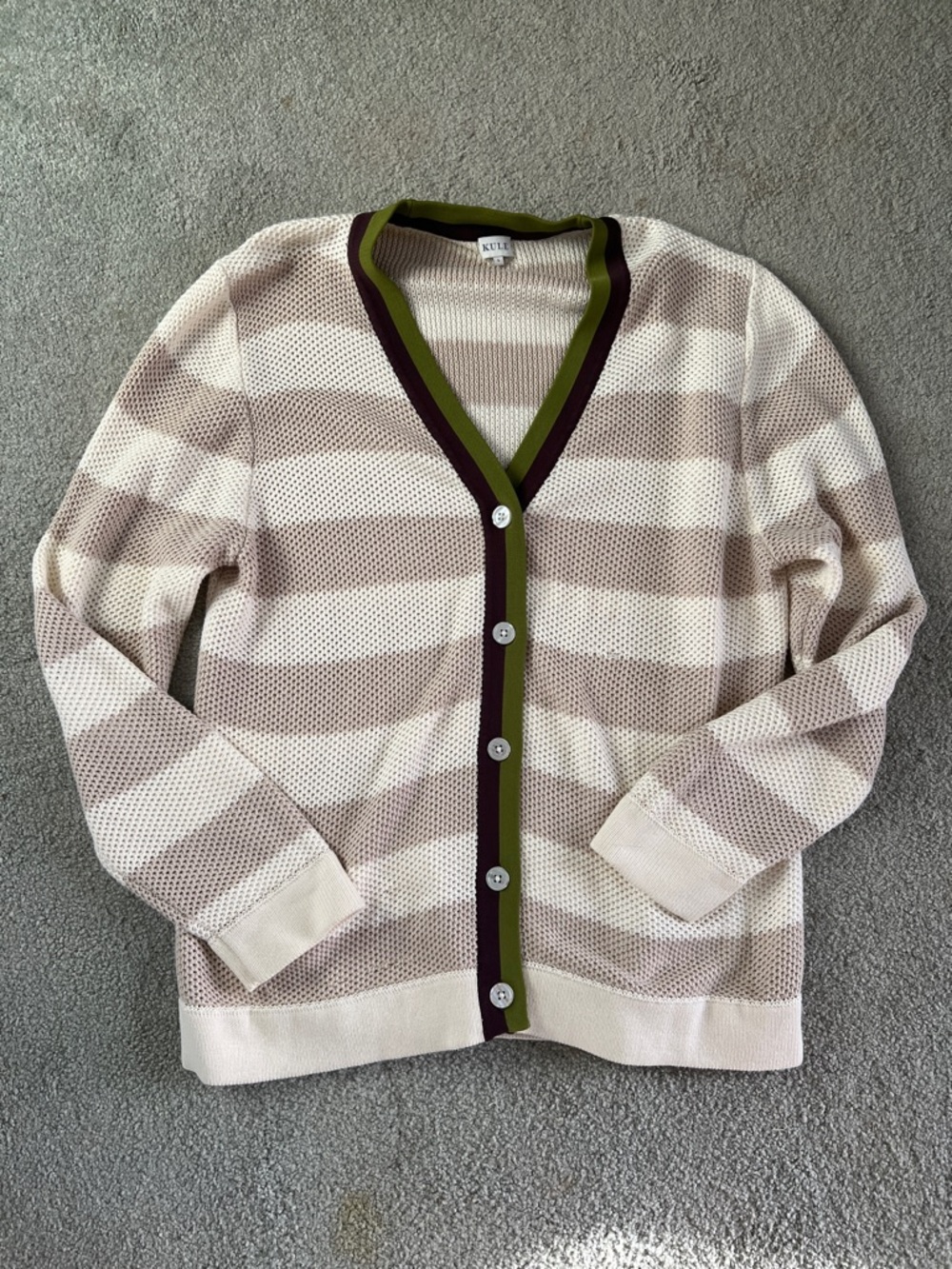 KULE Cream, Taupe Striped V-Neck Cardigan with Green and Brown Trim